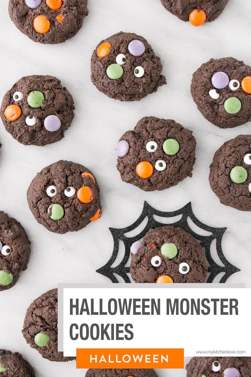 Easy, one bowl Halloween Monster Cookies! A fun and quick Halloween cookies recipe to get into the festivities.  via @mykitchenlove