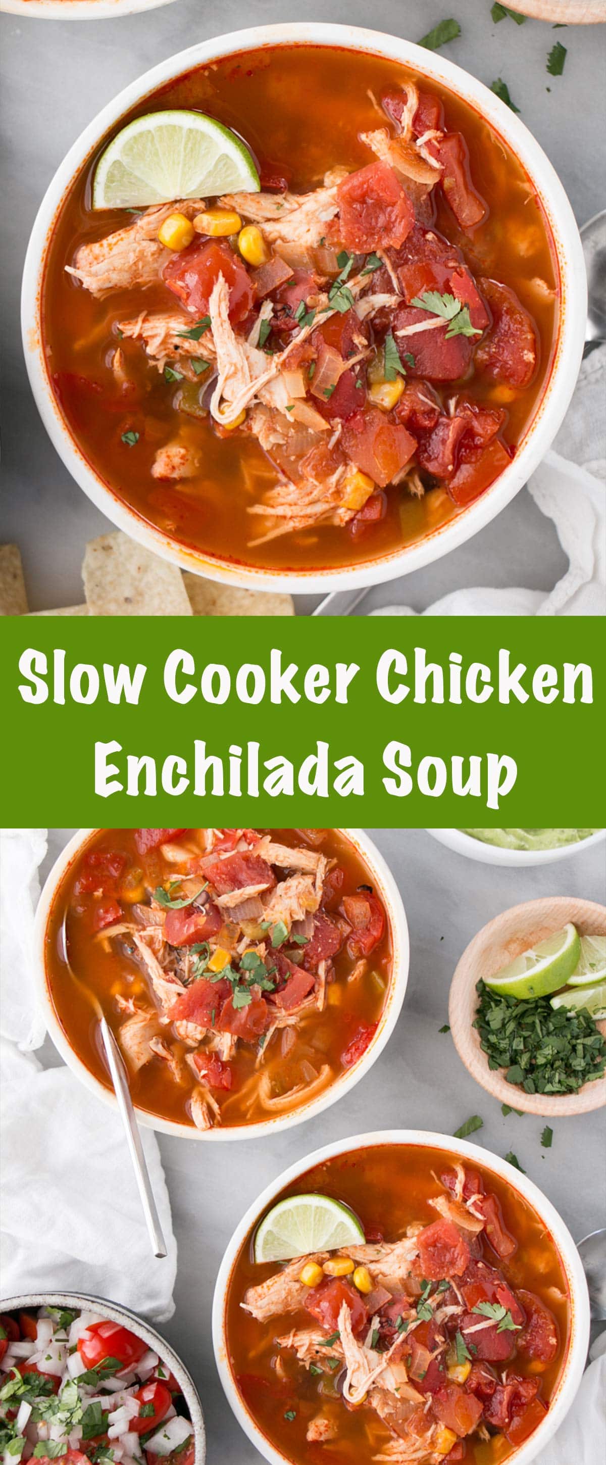 Hearty, flavourful, and nourishing Slow Cooker Chicken Enchilada Soup. A true set it and forget it dinner recipe the entire family will love. via @mykitchenlove