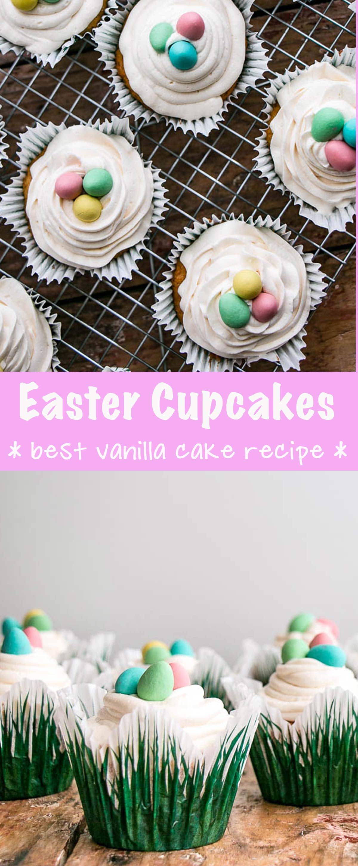 Easter Cupcakes with a moist and flavourful cupcake, vanilla frosting and Easter perfect Mini Eggs. Perfect for any bunny themed party or Easter events. via @mykitchenlove