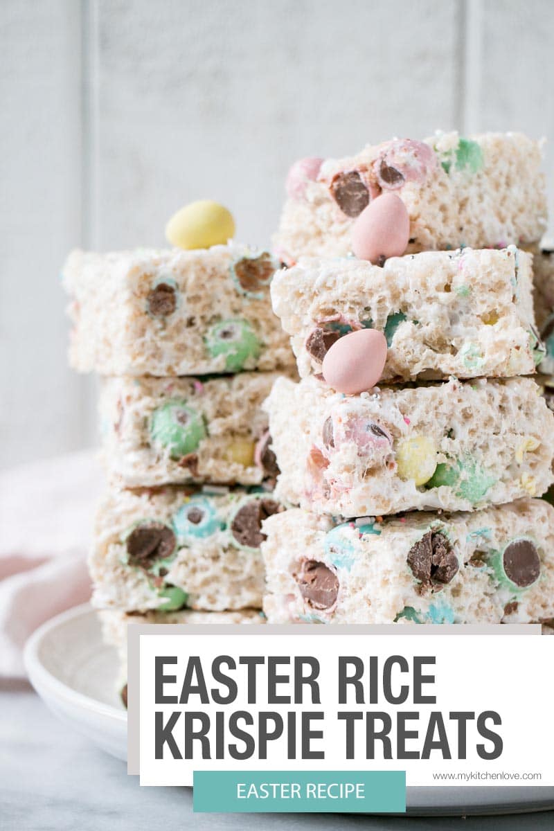These Mini Egg Easter Rice Krispie Treats are the easiest Easter treats! 4 ingredients and 20 minutes is all it takes to whip up a batch these of fun and festive Easter treats. via @mykitchenlove