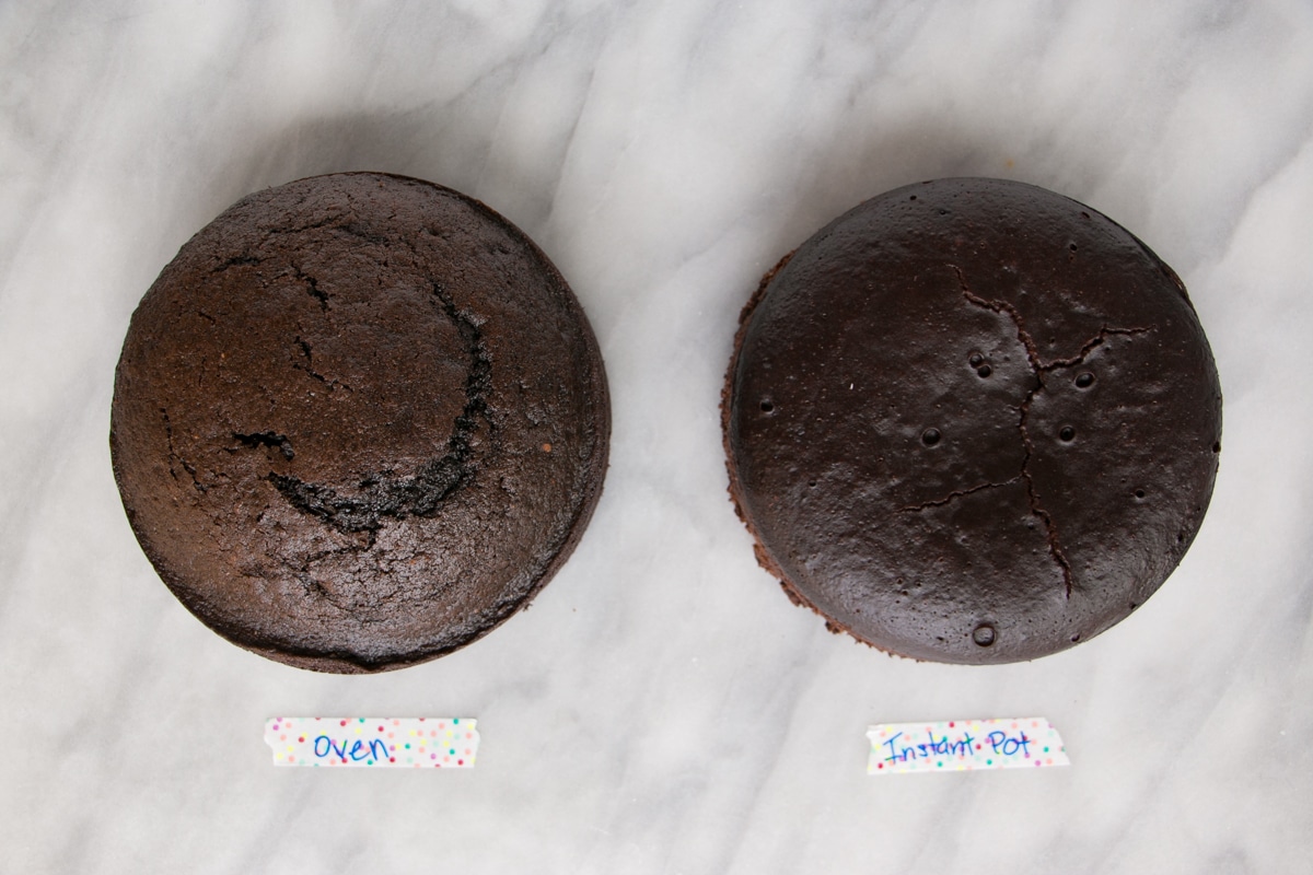 Two chocolate cakes, one made in the Instant Pot and one in the oven.