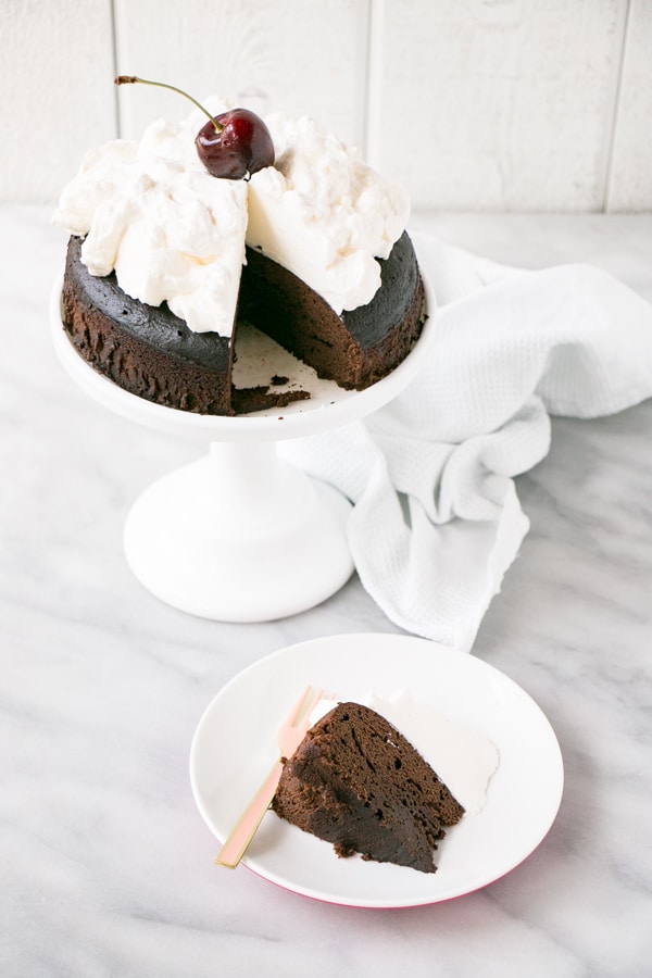 Instant Pot Chocolate Cake with a slice removed on a plate.