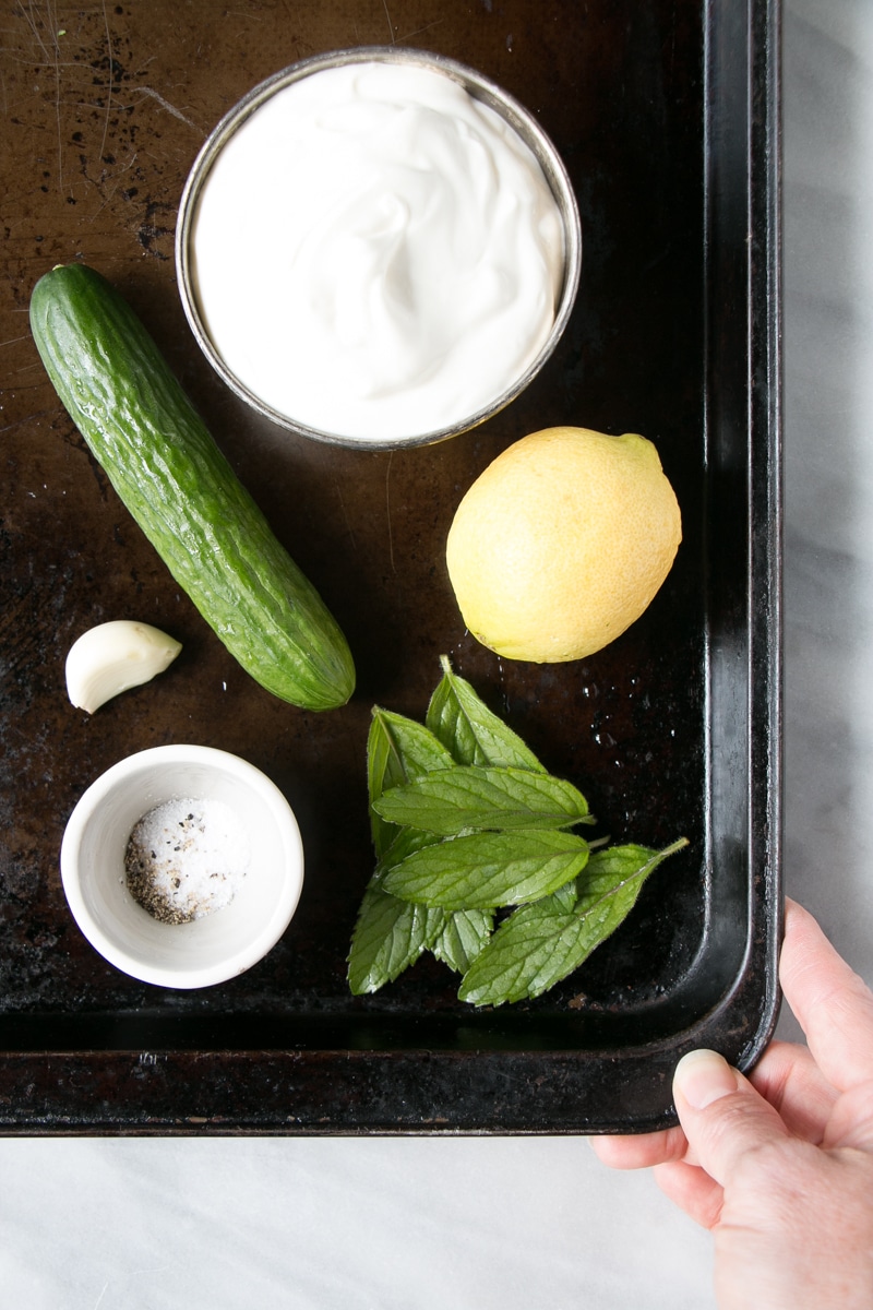 Ingredients prepped for homemade tzatziki sauce. 