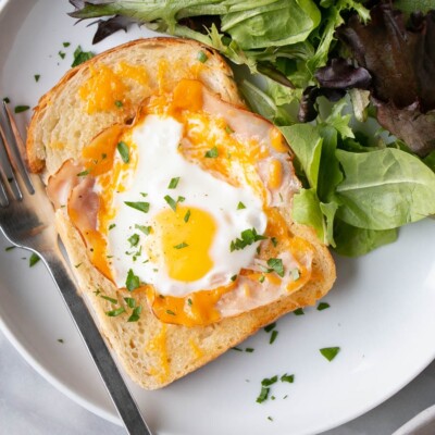 Crispy Ham and melty Cheese Toad in a Hole with a green salad.