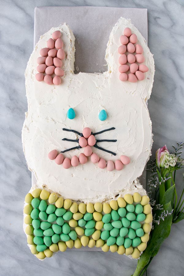 Easter Bunny shaped Cake with mini eggs decorations