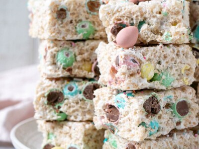 Easter Rice Krispies treats with chocolate Mini Eggs in pastel colours.