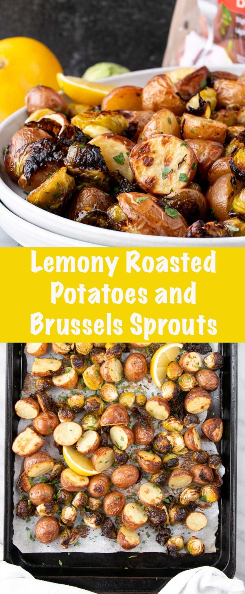 Crispy tender Potatoes and Brussels Sprouts with bright lemony flavour. The perfect side dish for a Sunday Supper or the Holidays. #potatoes #recipe #ad via @mykitchenlove