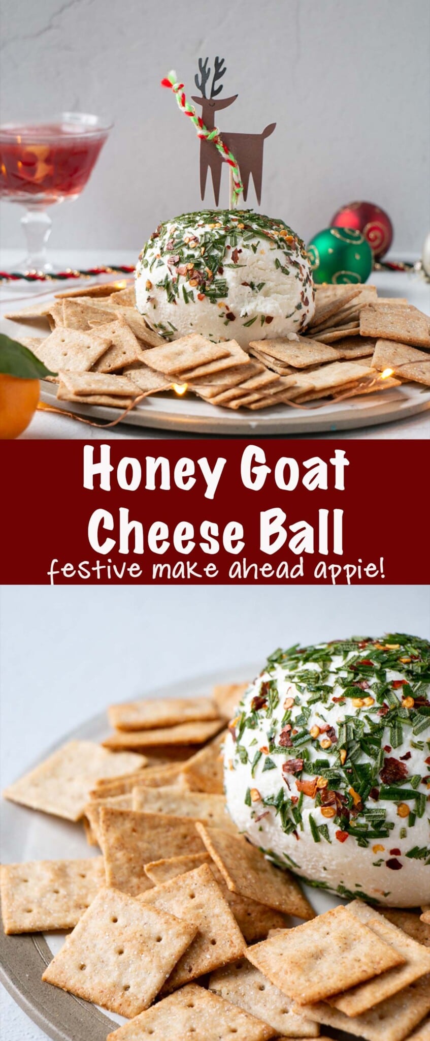 This savoury Honey Goat's Cheese Ball recipe is 4 ingredients that come together to make a festive appetizer. A perfect make ahead appie! via @mykitchenlove
