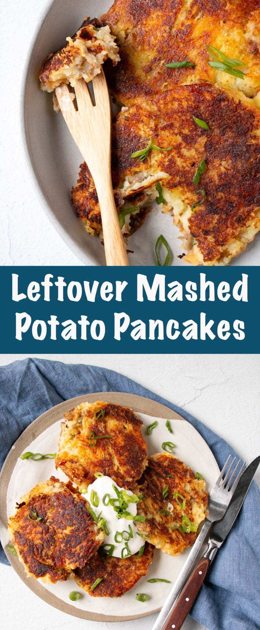 Crispy golden brown Leftover Mashed Potato Pancakes are a quick and easy way to recreate leftover mashed potatoes. Fluffy, cheesy interiors, these pancakes will be the star of any meal. via @mykitchenlove