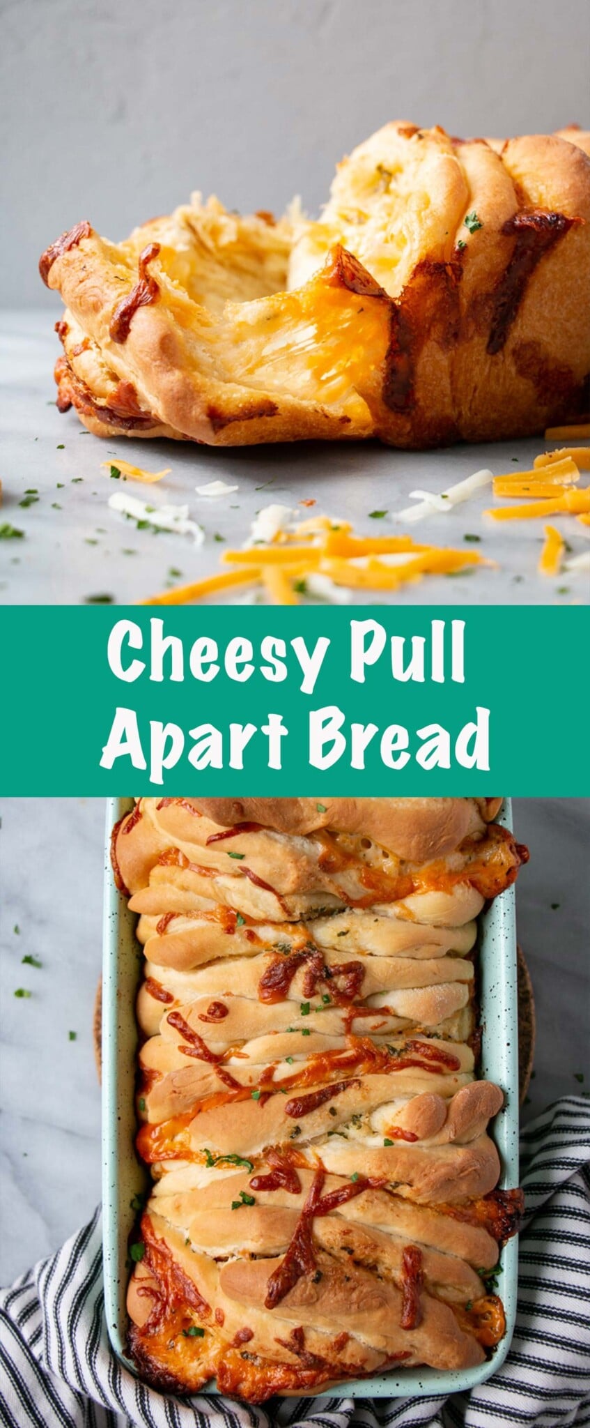 This soft and fluffy Pull Apart Bread is packed with pockets of cheddar and mozzarella cheese for the ultimate cheese pull scene. #sponsored #recipe via @mykitchenlove