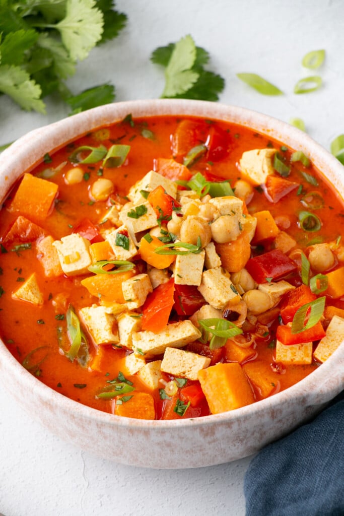 Chickpea and Tofu Coconut Curry Stew piled high into a shallow soup bowl