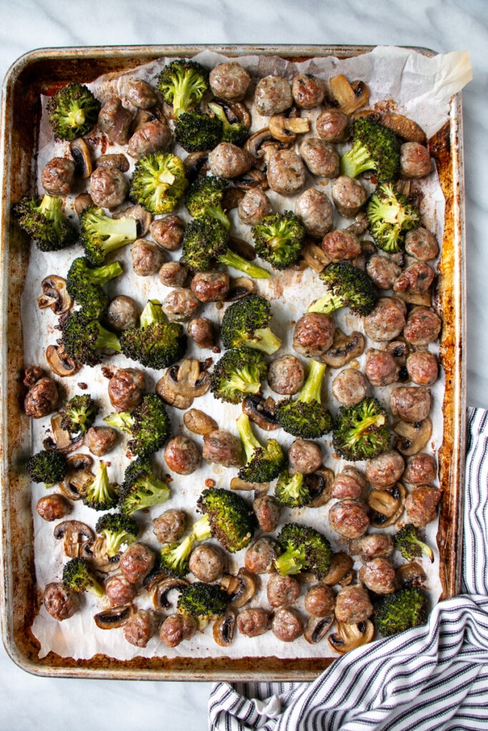 Roasted Sausage, Mushrooms and Broccoli on a sheet pan.